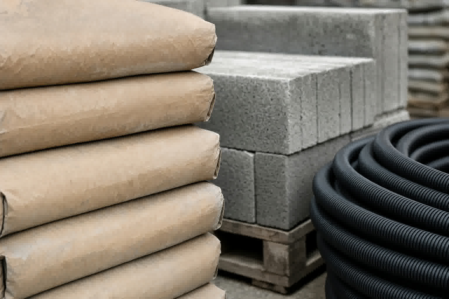 Close-up of stacked cement bags beside concrete blocks and a coil of black drainage pipe.